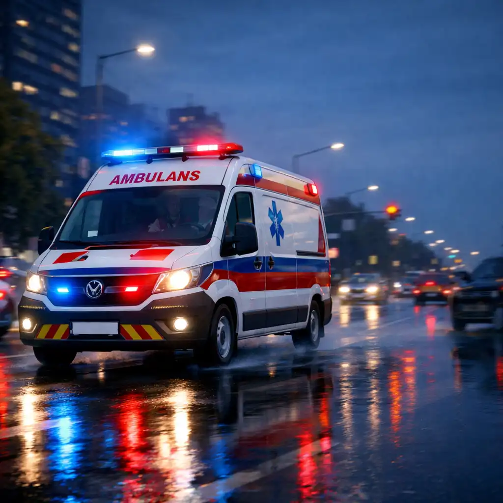 Ambulans 3D w ruchu miejskim z włączonymi światłami alarmowymi w Emergency Ambulance Simulator.