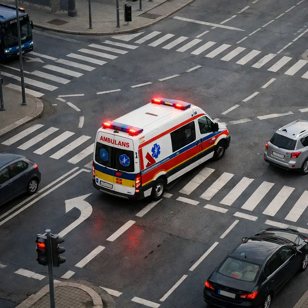 Ambulans ostrożnie przejeżdżający przez miejskie skrzyżowanie
