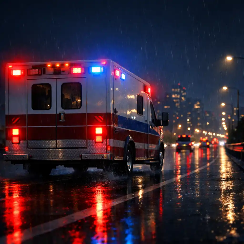 Ambulans jadący nocą po miejskiej trasie