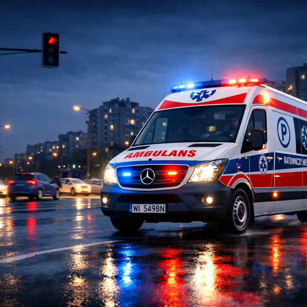 Ambulans pędzący przez miejski ruch z włączonymi światłami alarmowymi w Emergency Ambulance Simulator