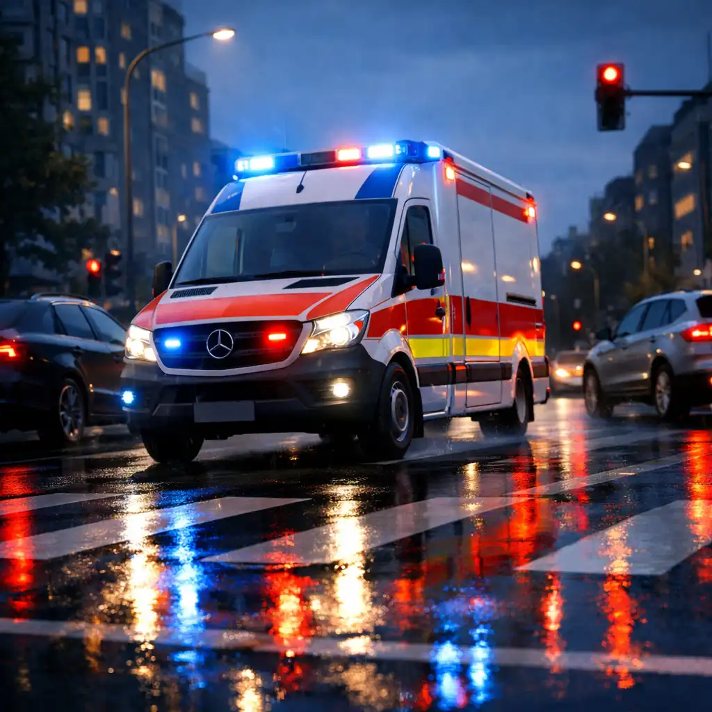 Ambulans przejeżdżający przez miejskie skrzyżowanie w Emergency Ambulance Simulator