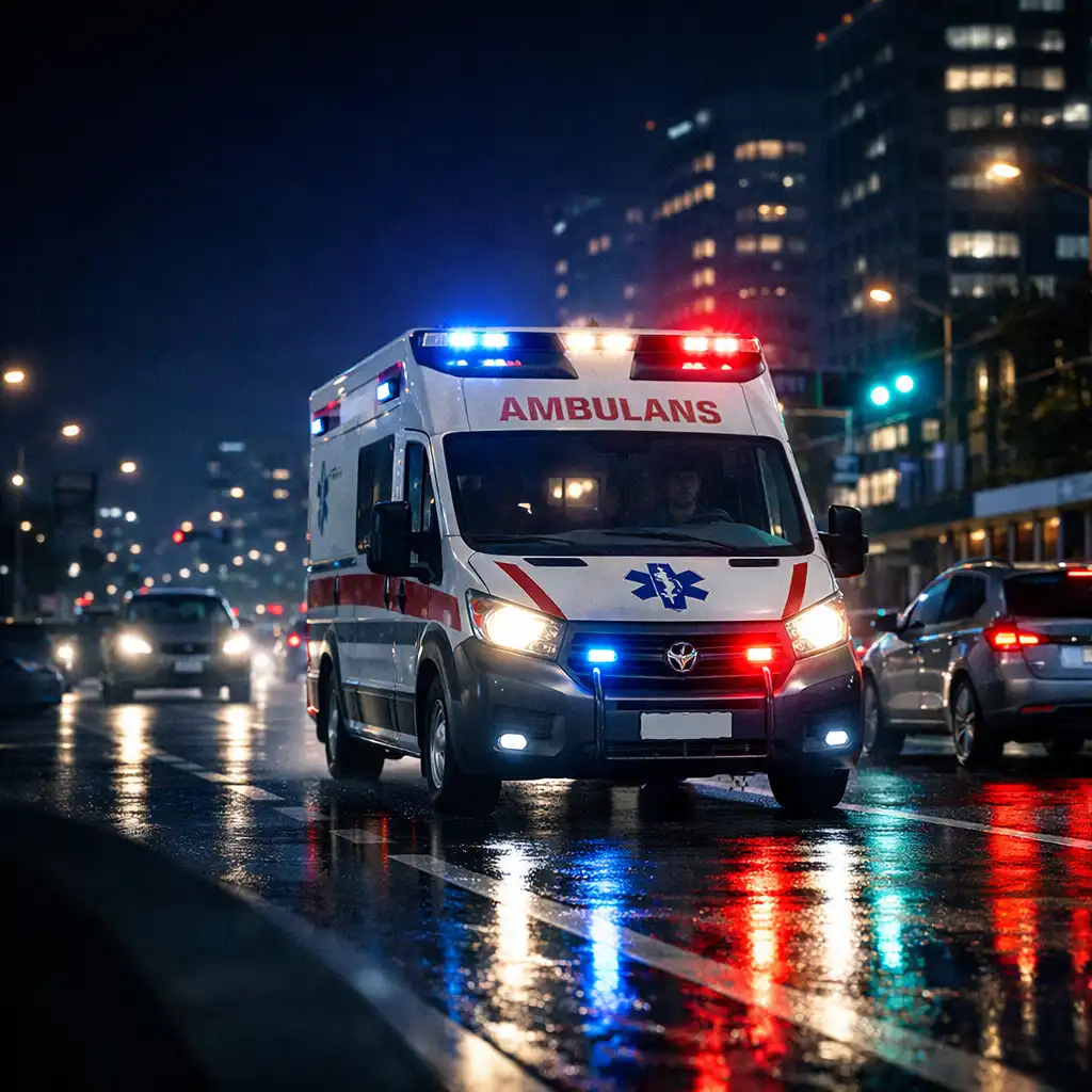 Ambulans jedzie przez miejski ruch na mokrym bulwarze