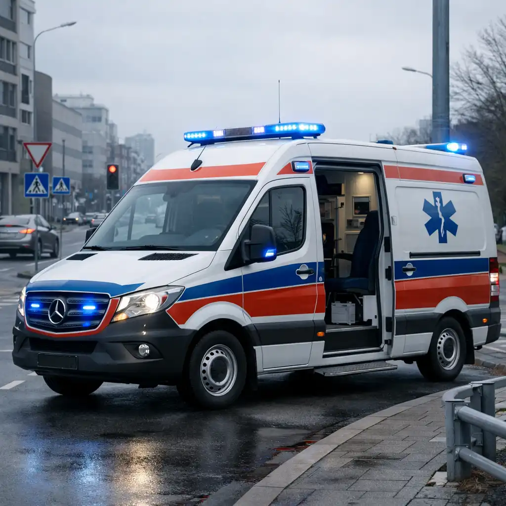 Ambulans przy miejscu interwencji w miejskiej scenie gry Emergency Ambulance Simulator