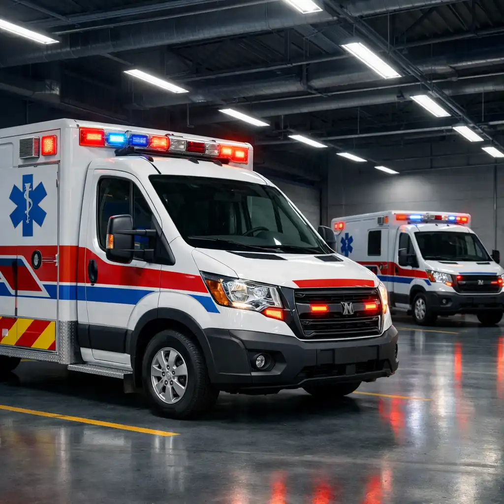 Dwa ambulanse stoją w funkcjonalnym garażu służb ratunkowych