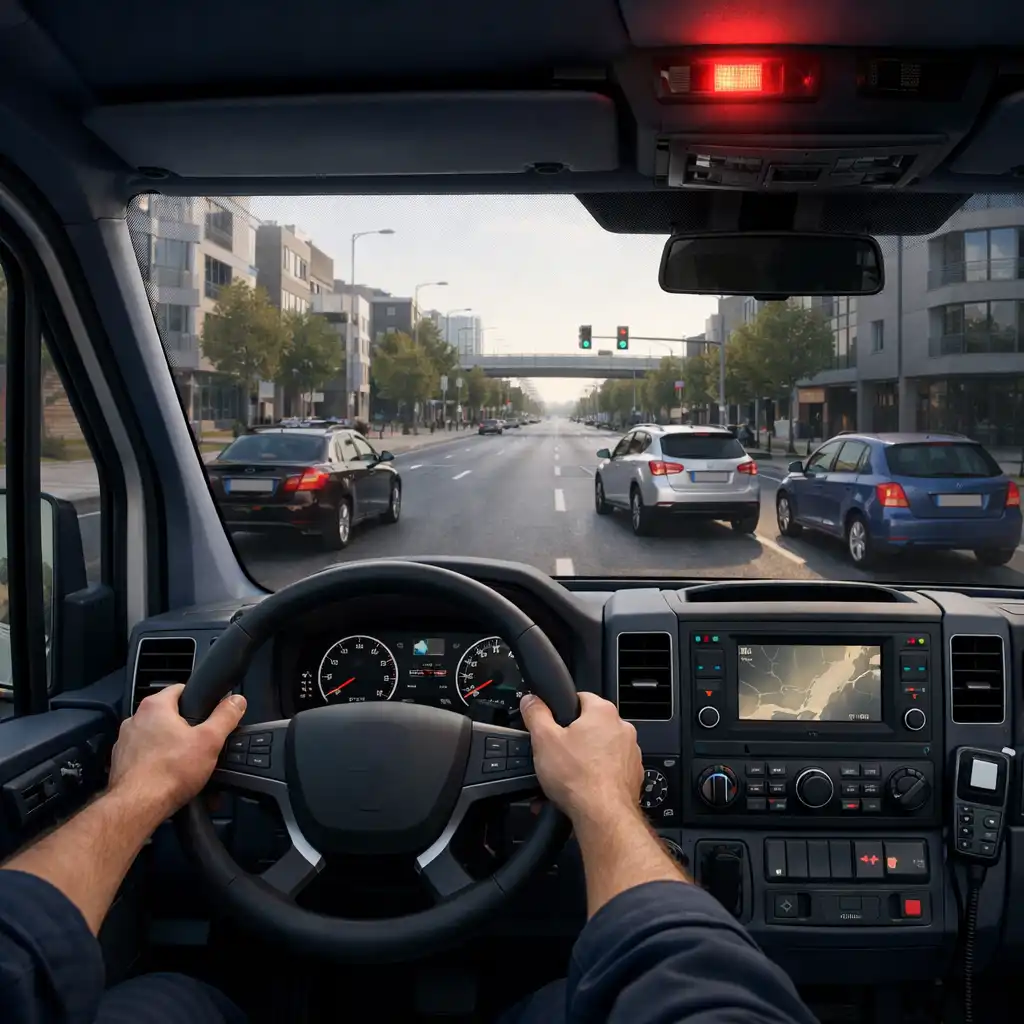 Widok z kabiny ambulansu na miejską drogę w Emergency Ambulance Simulator