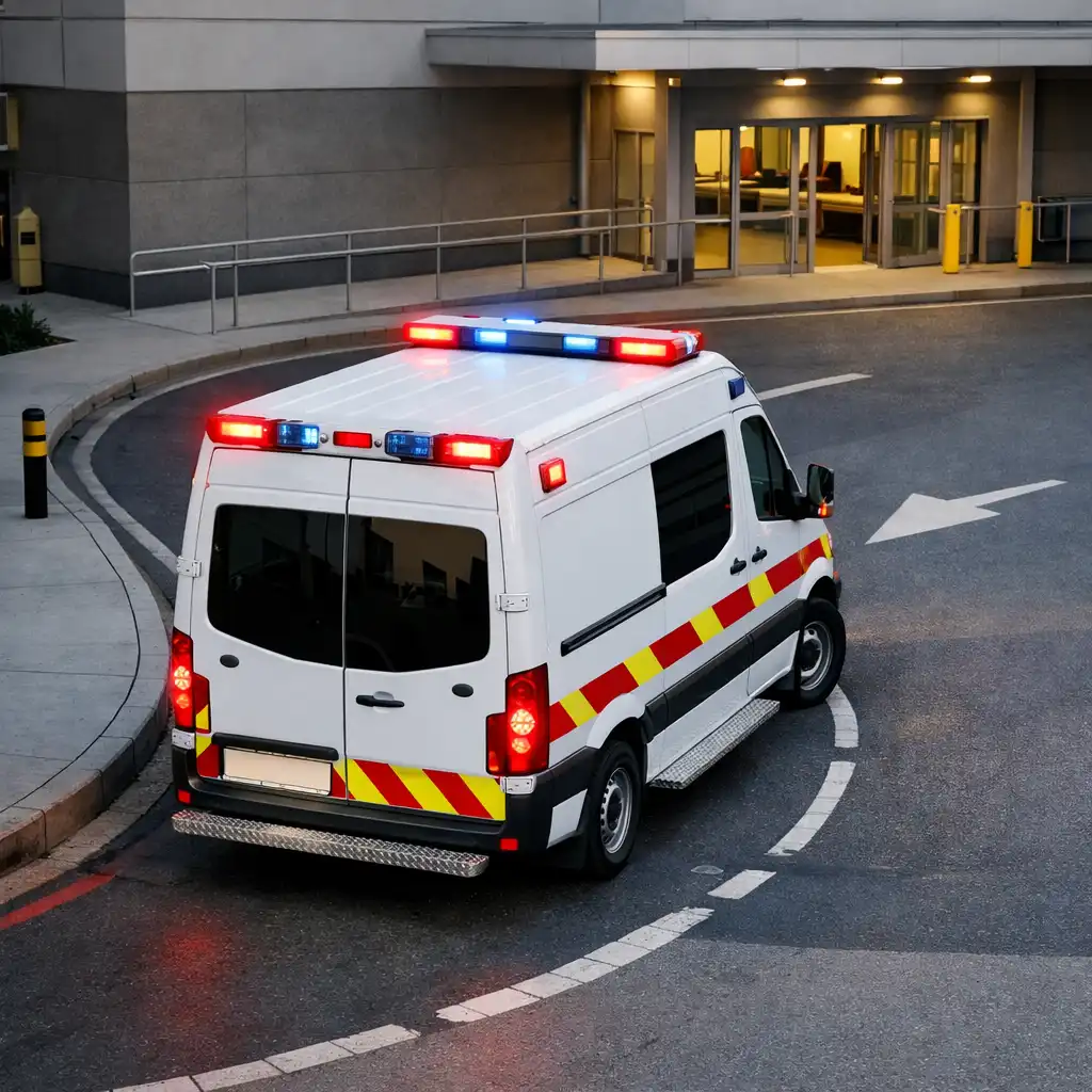 Ambulans wykonujący manewr przy podjeździe szpitalnym