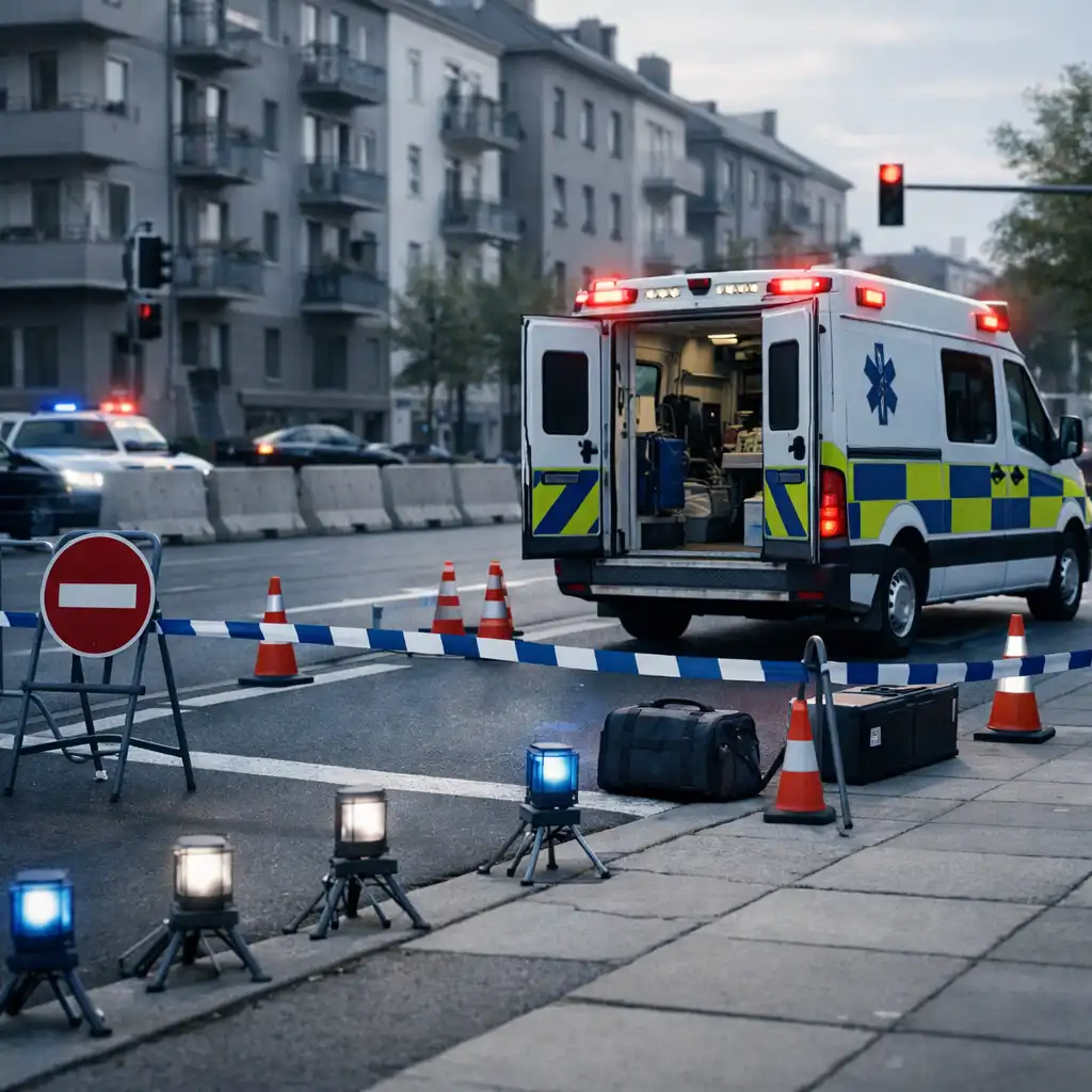 Ambulans przy zabezpieczonym miejscu zdarzenia na miejskiej ulicy