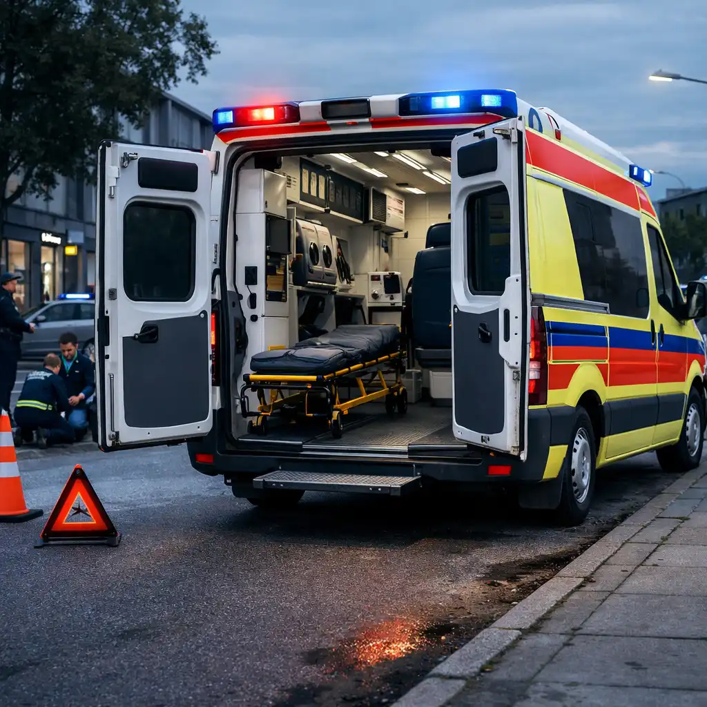 Ambulans zatrzymany przy miejskim miejscu zdarzenia w Emergency Ambulance Simulator.
