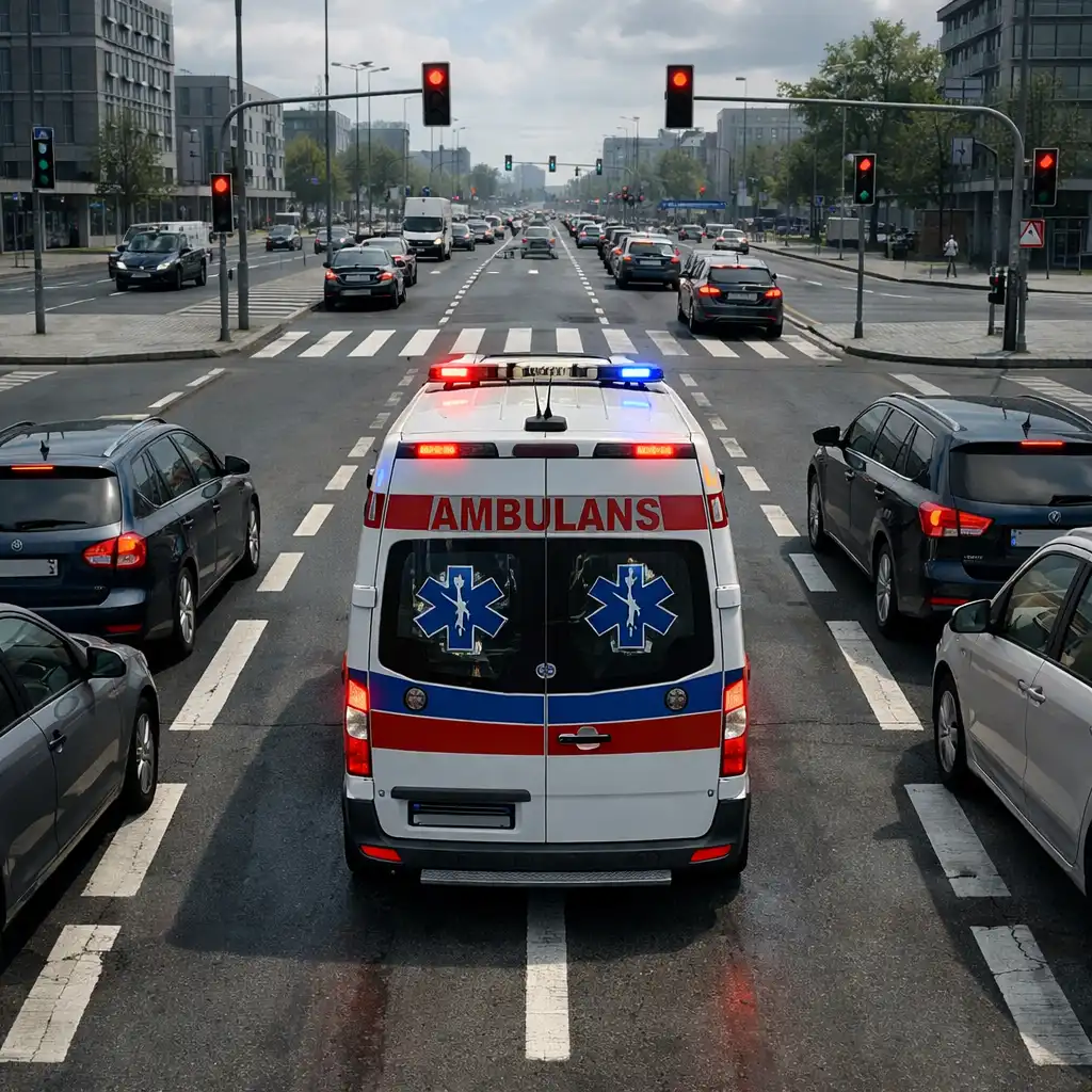 Ambulans ostrożnie przejeżdżający przez ruchliwe skrzyżowanie