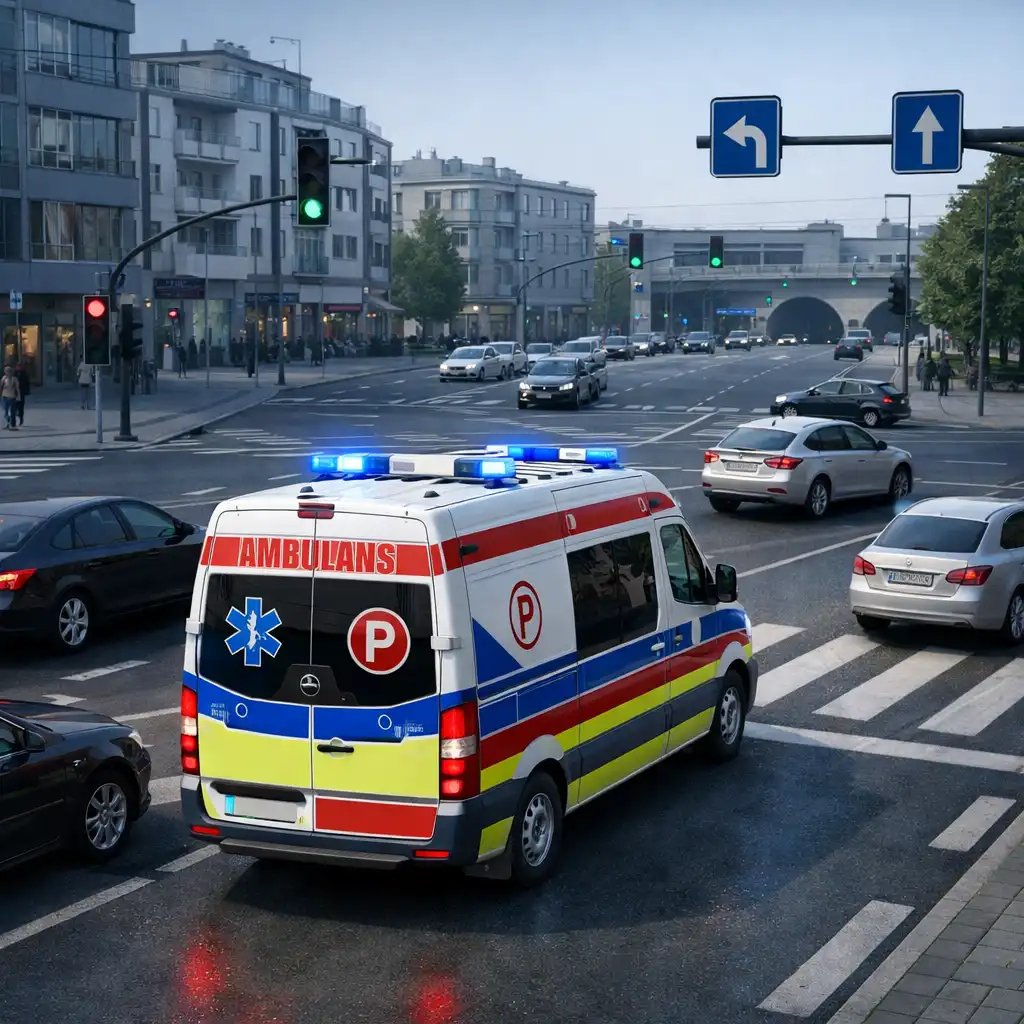Ambulans 3D przejeżdżający przez miejskie skrzyżowanie w grze Emergency Ambulance Simulator.