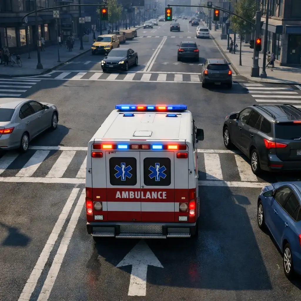 Ambulans przejeżdża przez zatłoczone miejskie skrzyżowanie
